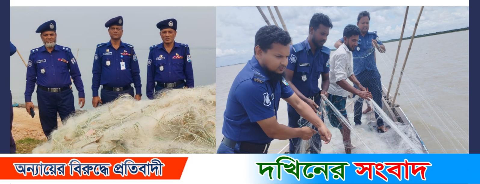 নৌ পুলিশ বরিশাল অঞ্চলের অভিযানে বিপুল পরিমান অবৈধ জাল জব্দ, গ্রেফতার ৭