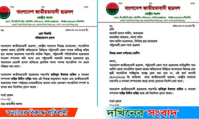 পটুয়াখালীতে ছাত্রদলের ৩ নেতা বহিষ্কার, ৩ জনকে শোকজ